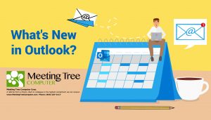 vector image of man sitting on top of a desk calendar with text What's new in Outlook